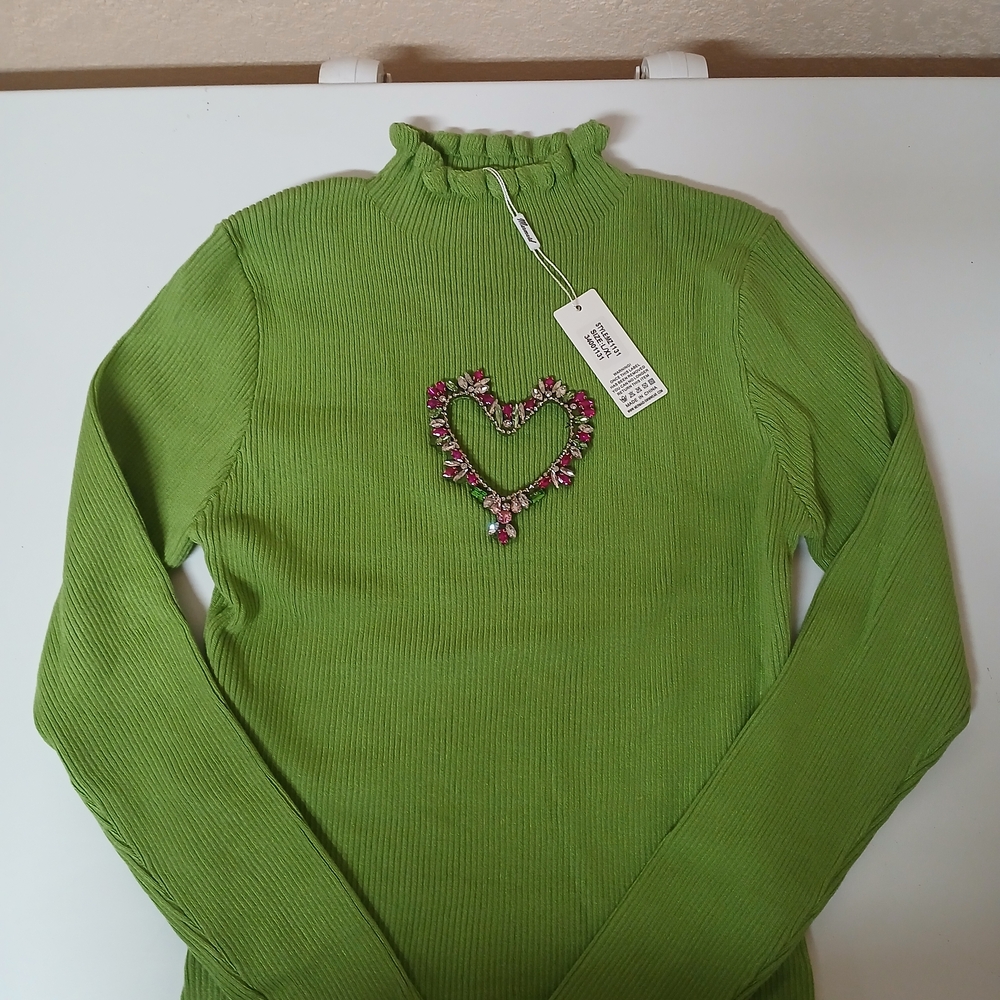 Green Ruffle Mock Neck Sweater with Beaded Heart Accent
